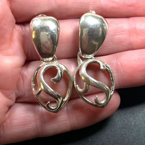 Sterling Silver 925 Door Knocker Scroll Drop Shaped Bold Dangle Earrings 1.5" L - Picture 2 of 9